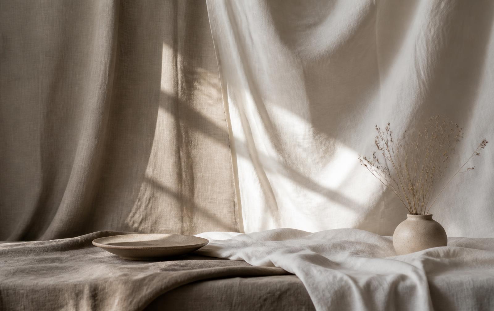 Sunlit linen still life in warm neutral tones